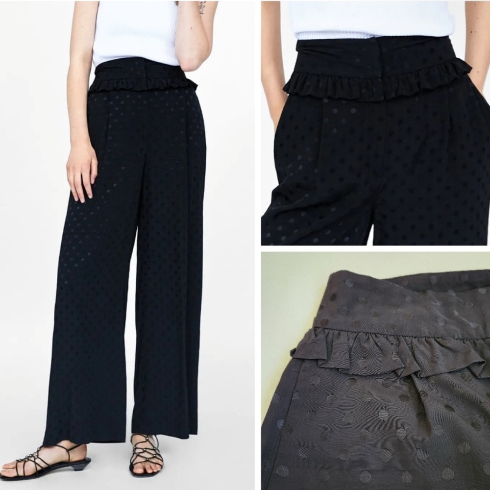 NWOT Zara Black polka dot ruffle Wide-Leg Pants